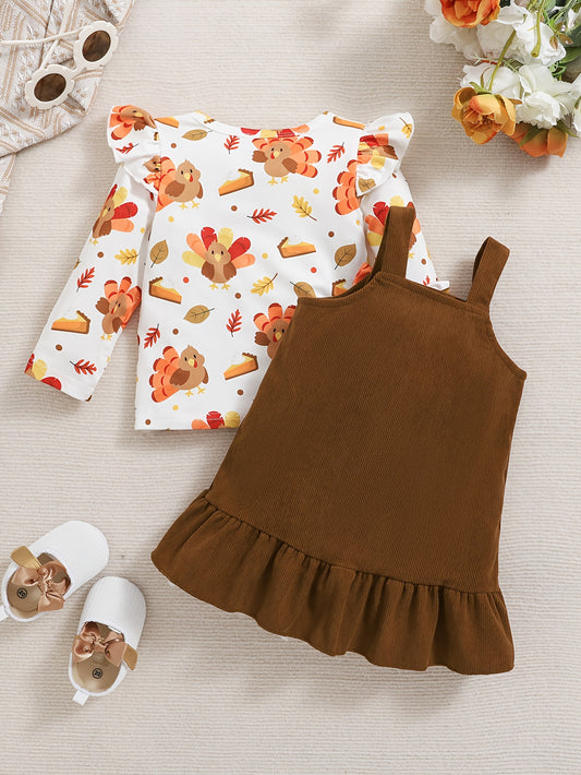 🦃 Baby Girl's 2-Piece Thanksgiving Outfit: Turkey Print Long-Sleeve Crewneck Top & Brown Bowknot Embroidered Pinafore Dress