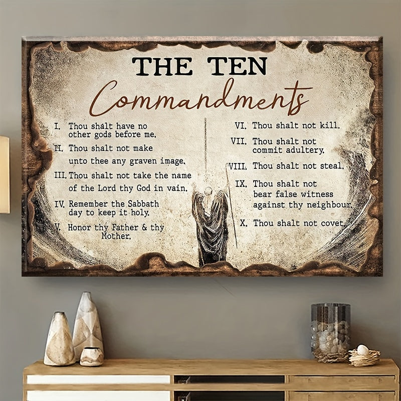 1pc Decorative Patterns On Office Supplies Retro Canvas Walls Jesus Painting Wooden Background The Ten Commandments Wall Art Canvas Motivational Wall Decor - Ready to Hang