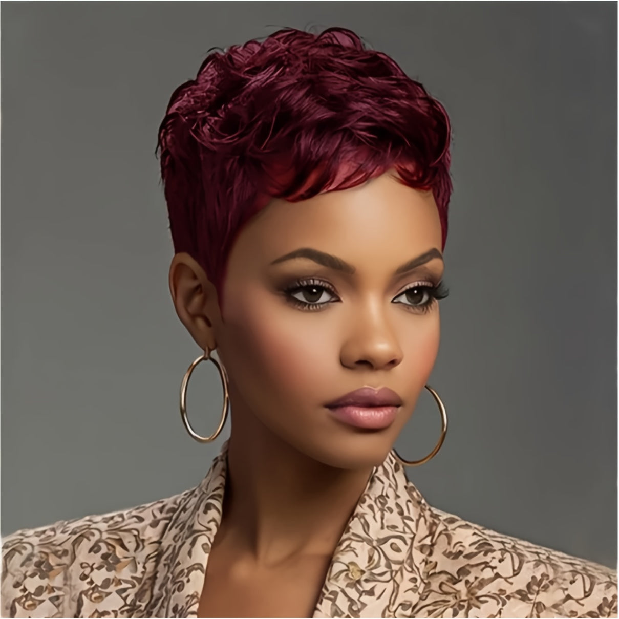 Short Pixie Cut Synthetic Wavy Wig with Bangs (180% Density)
