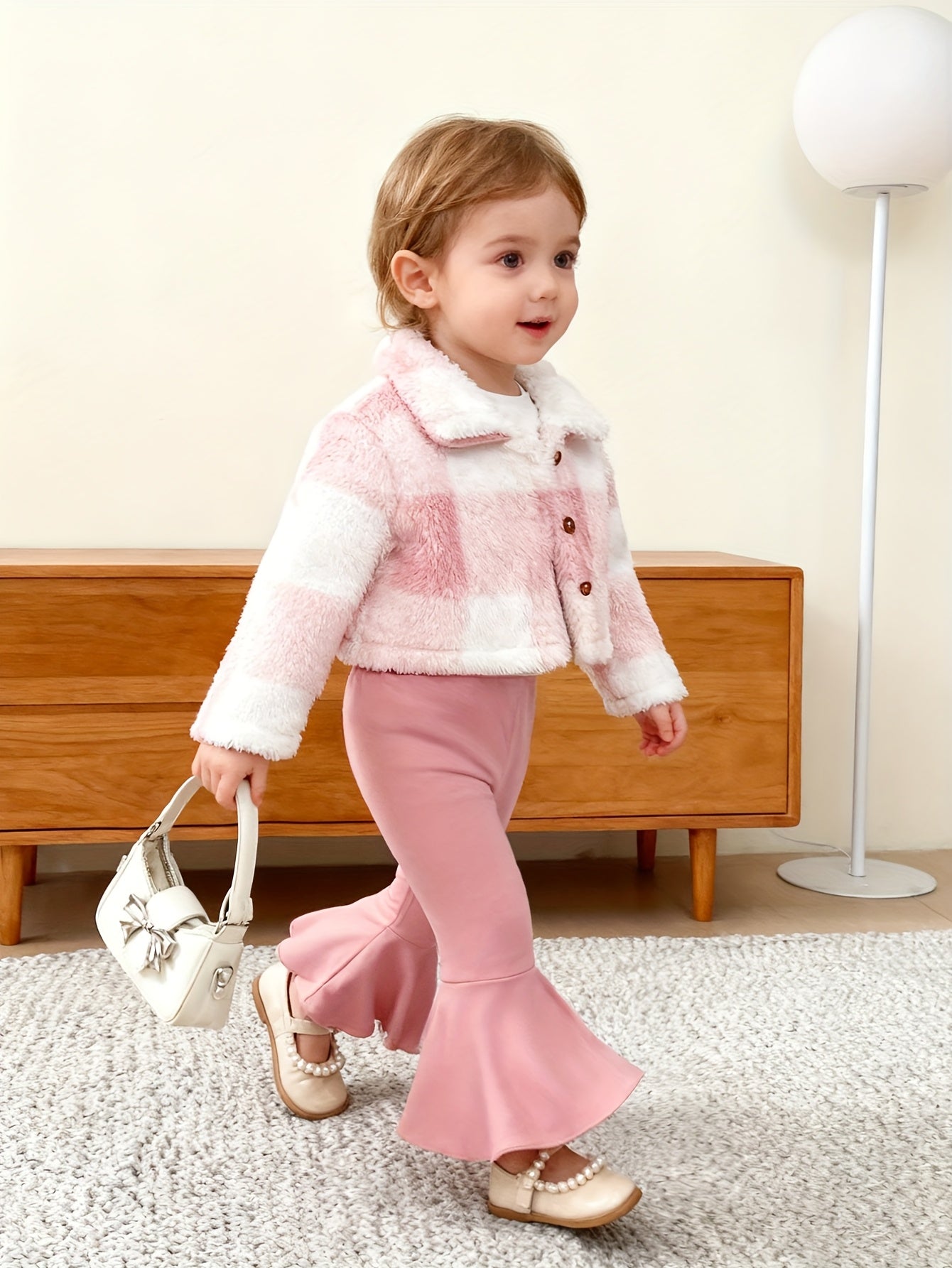 3pc Baby's Fuzzy Plaid Jacket & Bell-Bottom Set