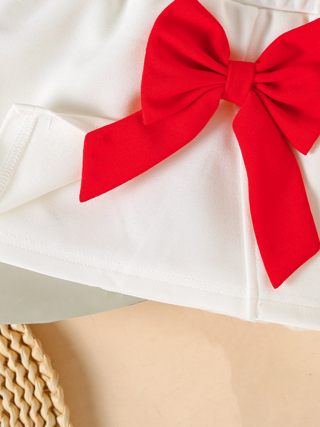 Baby Girl 3pc Summer Set - Red Puff Sleeve Top & White Bow Skirt with Beret