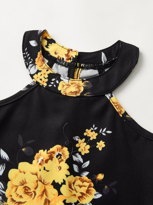 🌸 Summer Baby Girl Skirt Set: Floral Hanging Neck Top, Cake PP Shorts, and Matching Hat (Infant & Toddler Outdoor Outfit)