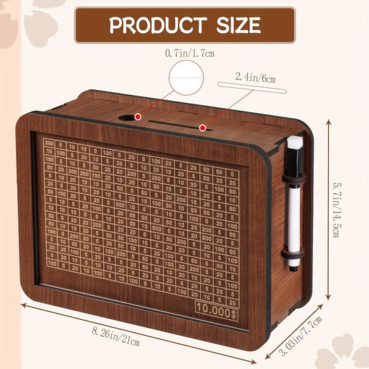 Wooden Savings Box with Money Goal Tracking – Numbered Cash Saver Bank