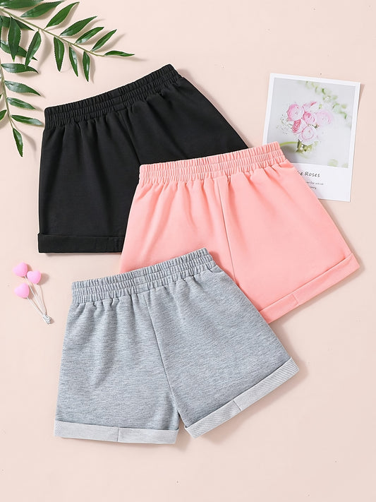 Women's 3-Piece Summer Shorts Set – Casual Solid Color Faux Drawstring Outfit