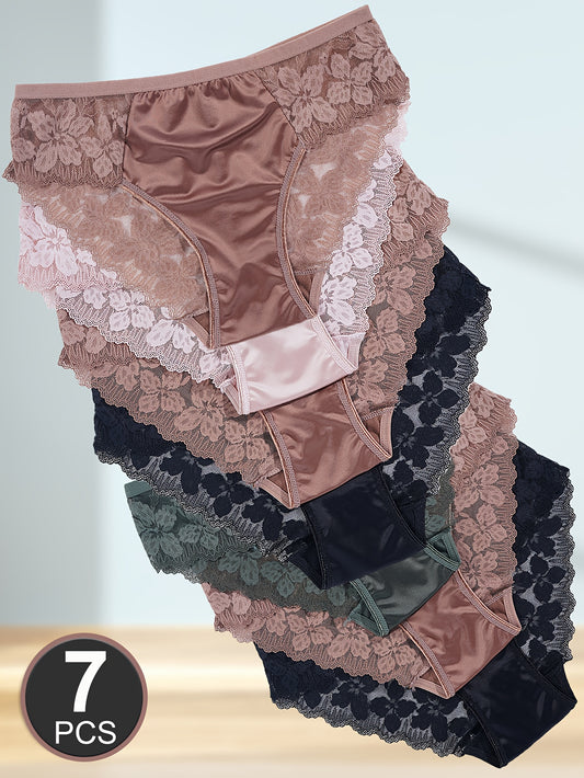 Women's Satin & Floral Lace Briefs - 7-Pack Mid-Rise Underwear
