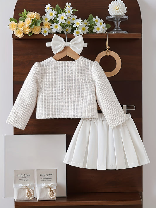 3pc Baby Girl Sweet Tweed Jacket, Pleated Skirt & Headband Set