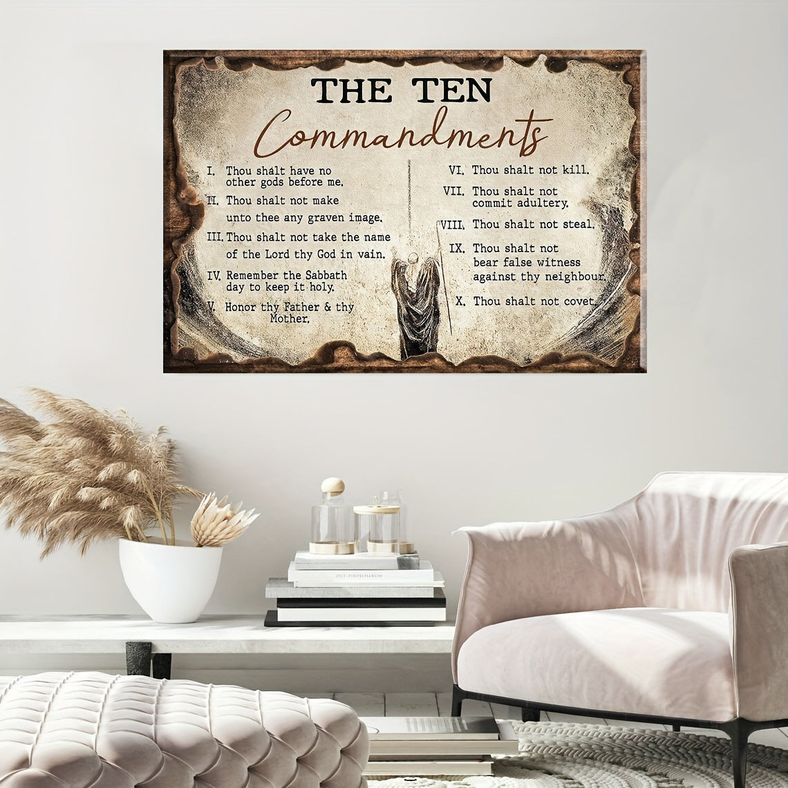 1pc Decorative Patterns On Office Supplies Retro Canvas Walls Jesus Painting Wooden Background The Ten Commandments Wall Art Canvas Motivational Wall Decor - Ready to Hang