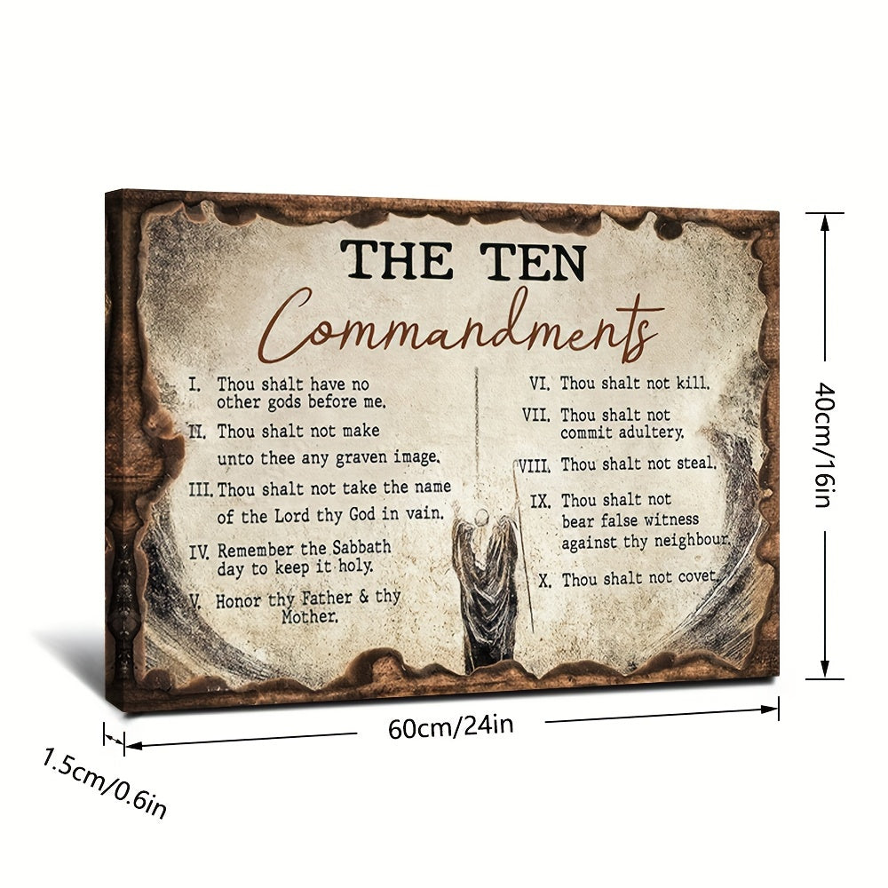 1pc Decorative Patterns On Office Supplies Retro Canvas Walls Jesus Painting Wooden Background The Ten Commandments Wall Art Canvas Motivational Wall Decor - Ready to Hang