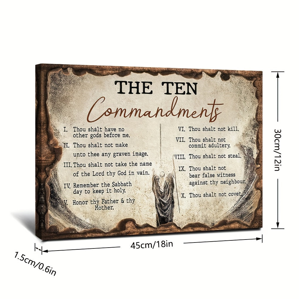 1pc Decorative Patterns On Office Supplies Retro Canvas Walls Jesus Painting Wooden Background The Ten Commandments Wall Art Canvas Motivational Wall Decor - Ready to Hang
