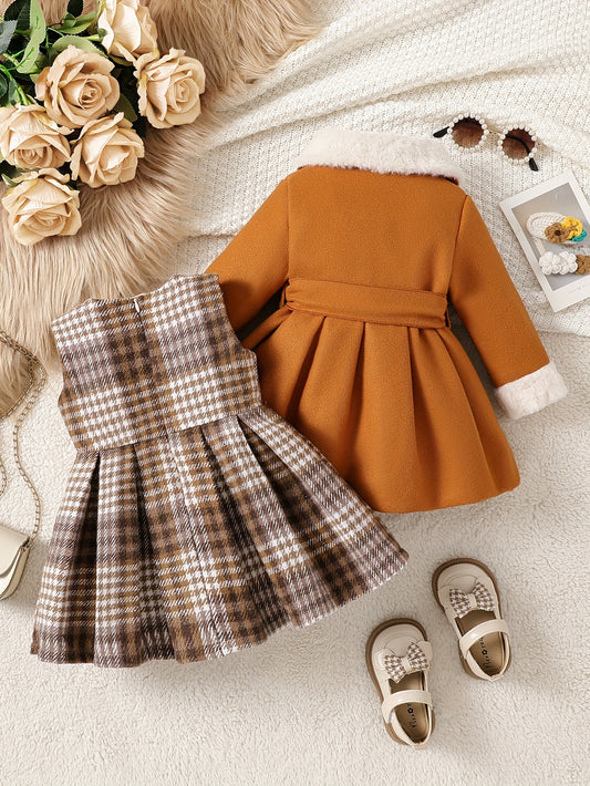 Baby Girl Fashionable Breasted Jacket & Plaid Dress Set (2pc)