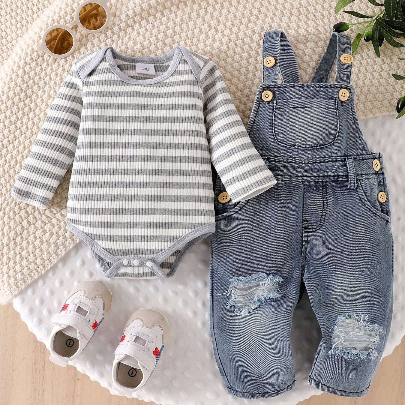 Baby Boy's Ripped Jeans Romper with Long Sleeve Striped Overalls