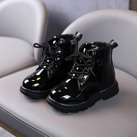 Black PU Leather Low-Top Boots - Round Toe Winter Booties with Rubber Sole