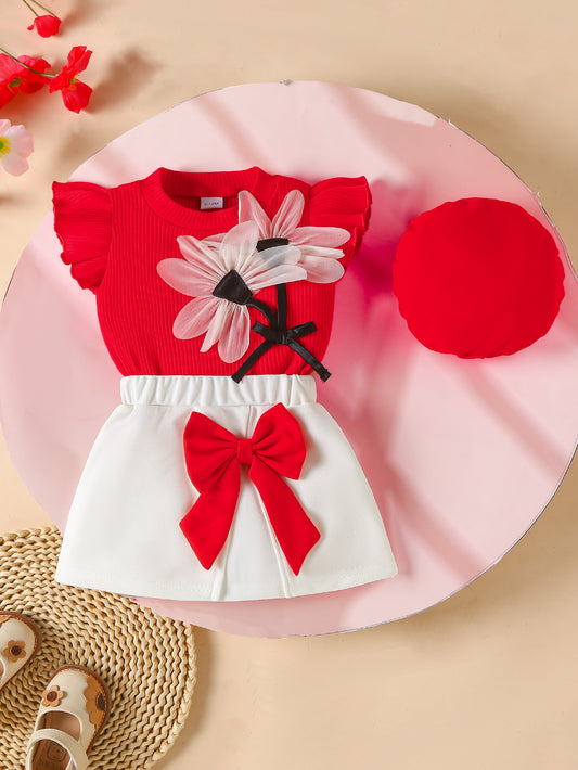 Baby Girl 3pc Summer Set - Red Puff Sleeve Top & White Bow Skirt with Beret