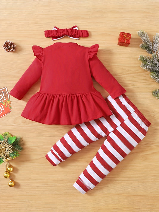 🎅 My 1st Christmas Baby Girl's Outfit: Ruffle Santa Claus Print Tunic Dress Shirt & Striped Pants Set