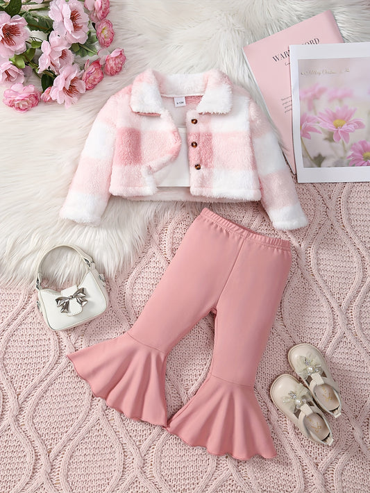 3pc Baby's Fuzzy Plaid Jacket & Bell-Bottom Set