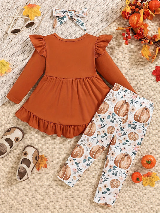🎃 Baby Girl's 3-Piece Halloween Outfit: Pumpkin Print Long-Sleeve Ruffled Top, Matching Pants & Hair Accessory (Soft Knit, Fall/Winter Casual)