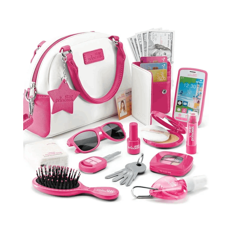 Toddler & Little Girls Pretend Play Purse Set | Role Play Accessories: Toy Phone, Wallet, Keys & Pretend Makeup | Toys for Girls Ages 3-8