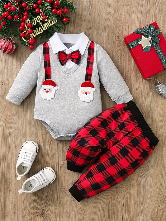 2pc Baby Christmas Romper Set with Bow Tie & Plaid