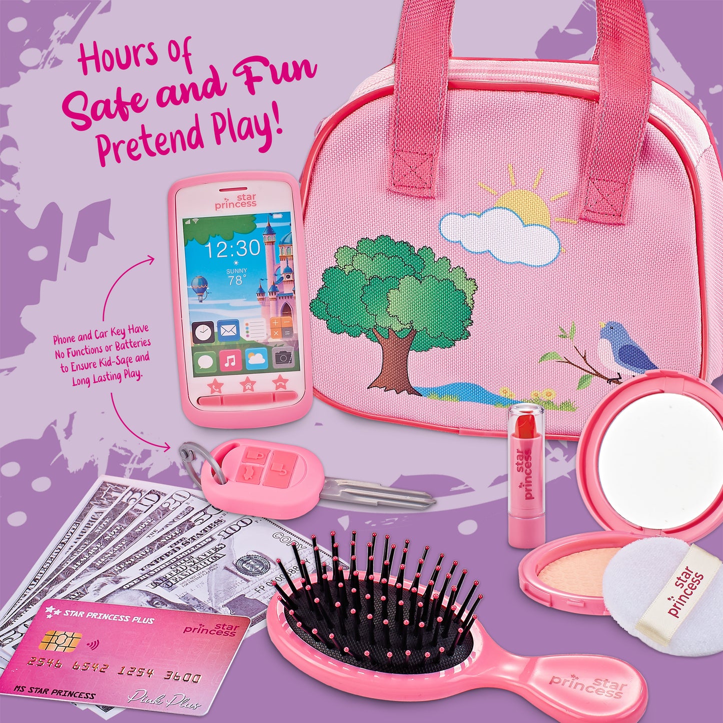 Play Purse Set for Toddlers with Pretend Makeup & Smartphone