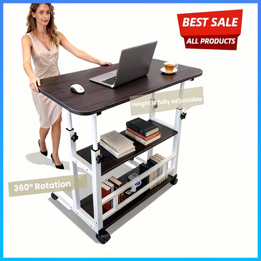 Adjustable Height Mobile Computer Desk with Wheels & Storage Shelf – Space-Saving Rolling Workstation