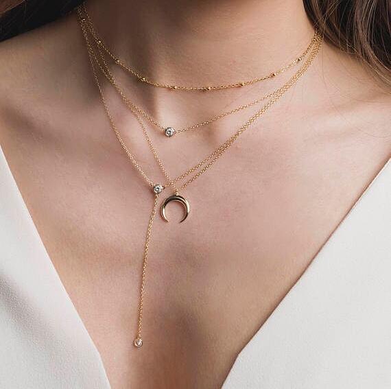 Dainty Layered Diamond Crescent Moon Necklace