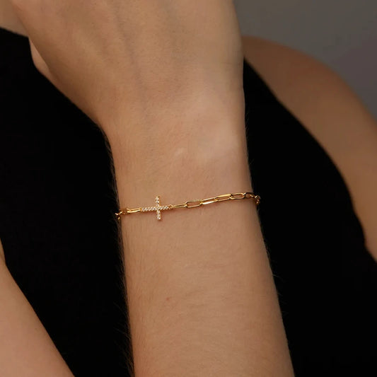 Crystal Rhinestone Cross Bracelet – 18K Gold Plated Stainless Steel Jewelry