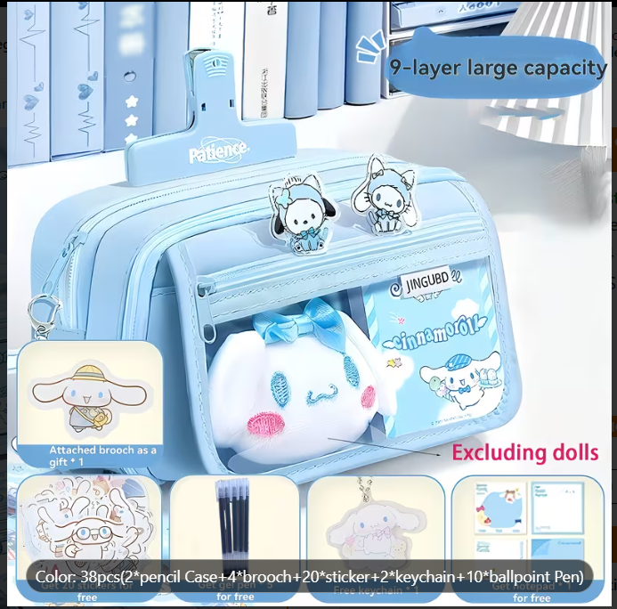 Complete 38-Piece Blue Pencil Box Set with Stickers, Keychains, and Brooches - Perfect for School and Office Use