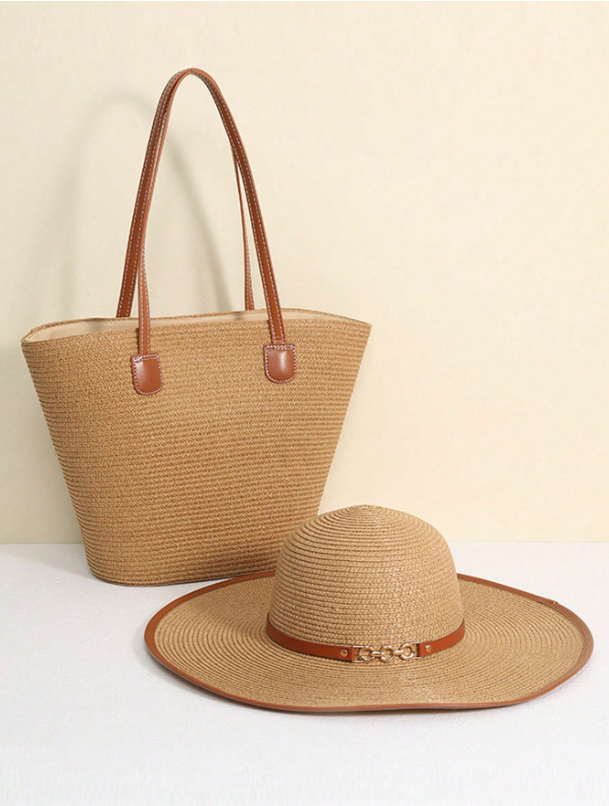 Stylish Women's Straw Tote Bag and Wide Brim Hat Set for Ultimate Summer Sun Protection