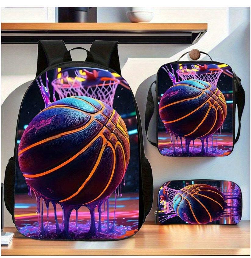 Stylish 3-Piece Basketball Backpack Set: Ideal for School and Travel with Spacious Book Bag, Handbag, and Pencil Case