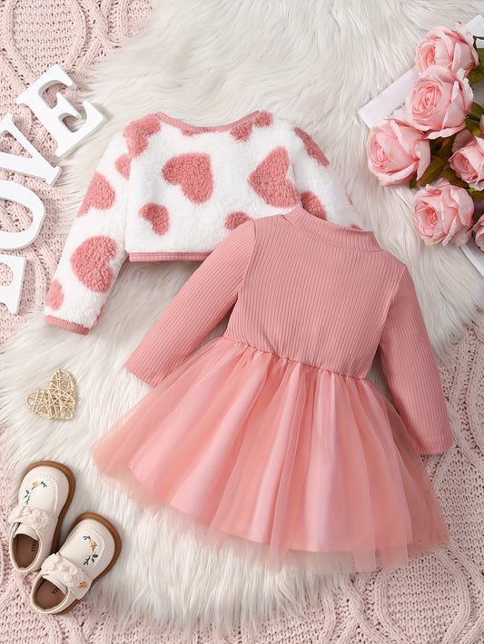 2pc Girls' Pink Striped Bow Mesh Dress & Fleece Jacket Set