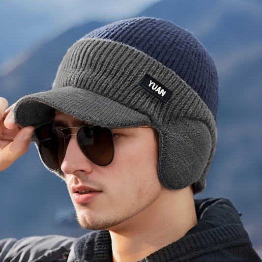❄️ Unisex Winter Warm Ear-Flap Beanie Hat: Two-Tone Color Block, Detachable Ear Protection & Adjustable Strap - Lightweight Cold Weather Cap