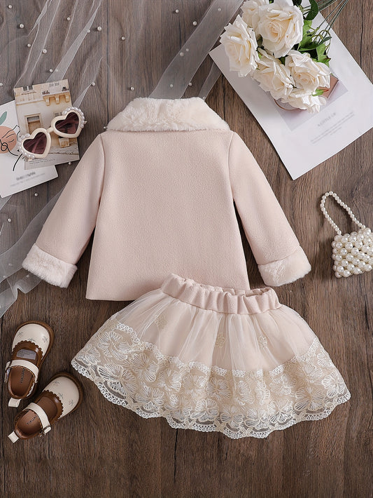 Baby Girls' Winter Princess Plush Bow Jacket & Lace Skirt Set