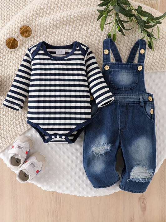 Baby Boy's Ripped Jeans Romper with Long Sleeve Striped Overalls