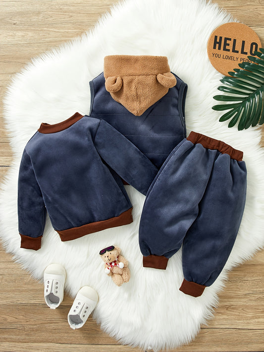🐻 HIBOBI 3-Piece Toddler Boy's Fleece Sweater Set: Bear Embroidered Padded Hoodie, Long Sleeve Shirt & Pants (Cozy Fall/Winter Outfit)