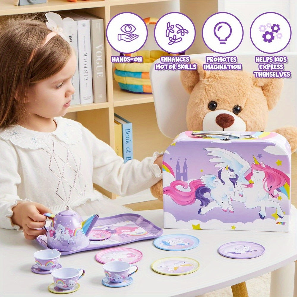 🦄 Unicorn Princess Tea Party Set: Purple Tin Teapot, Cups, and Plates - Pretend Play Kitchen Toys (Perfect Birthday/Christmas Gift for Little Girls)