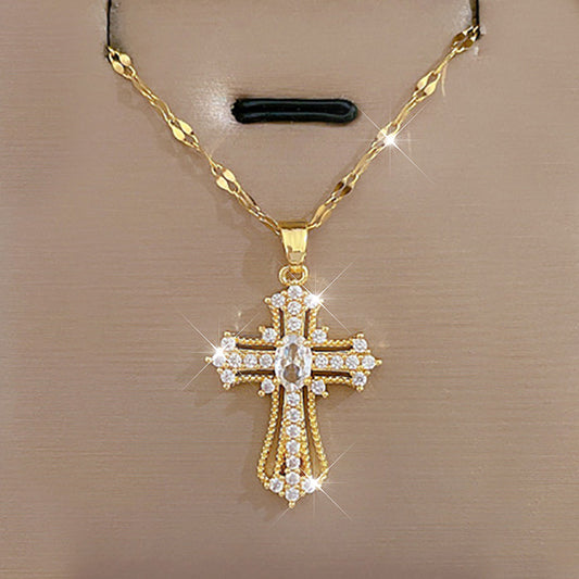 Elegant Large Cross Pendant Necklace with Sparkling Accents (Golden-Tone)