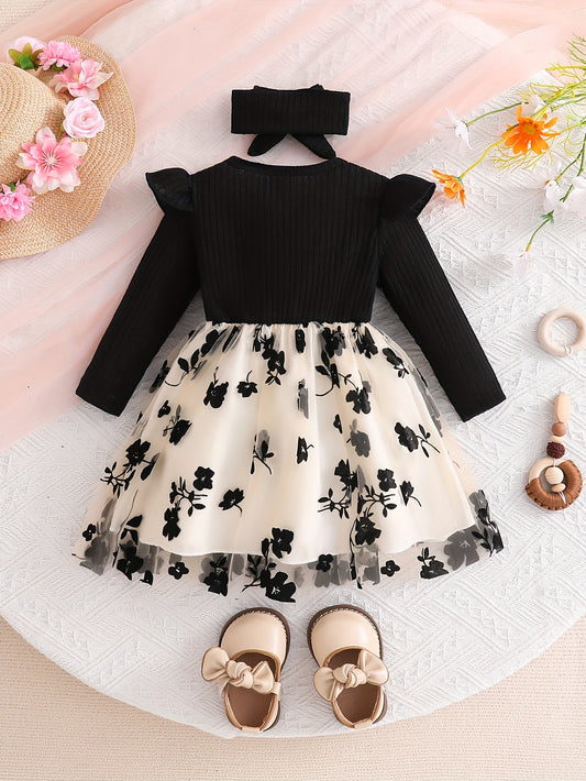 Baby Girl Black Rose Princess Dress – Long Sleeve Mesh Skirt with Bow