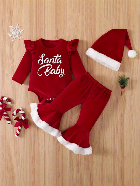 🎄 3-Piece Christmas Baby Girl Outfit: Golden Velvet Letter Print Jumpsuit, Fur Flared Trousers & Santa Hat Set