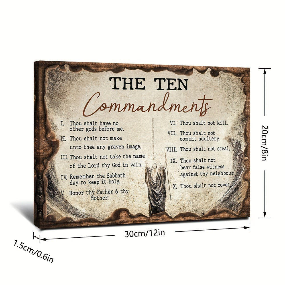 1pc Decorative Patterns On Office Supplies Retro Canvas Walls Jesus Painting Wooden Background The Ten Commandments Wall Art Canvas Motivational Wall Decor - Ready to Hang