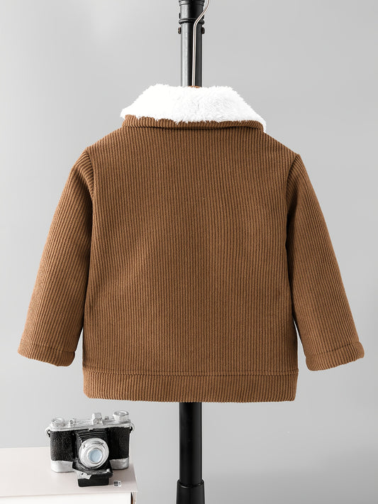 Boys' Brown Corduroy Jacket - Fleece Lined Winter Coat with Plush Collar