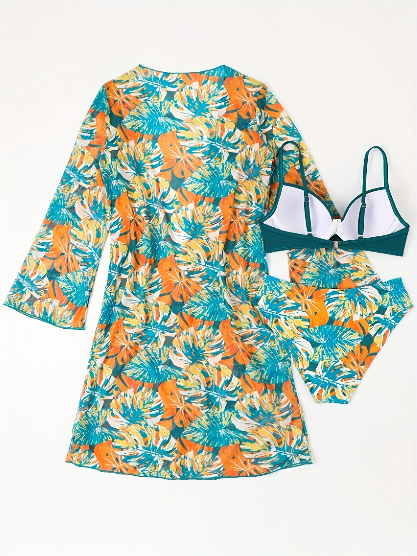 Three-Piece Swimsuit Set with Summer Beach Plant Prints