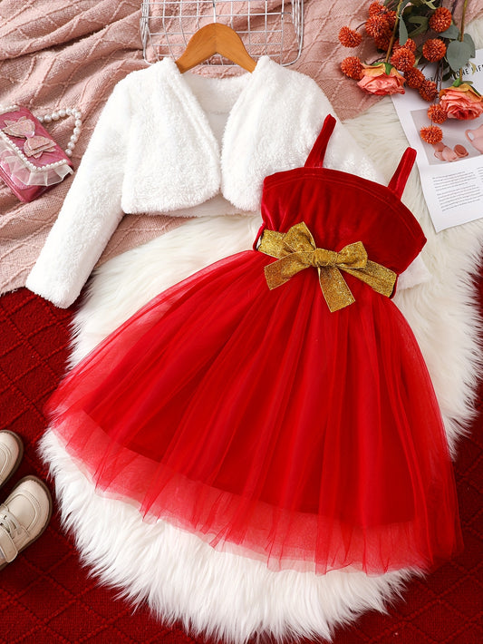 2pc Girls' Furry Coat & Spaghetti Strap Mesh Dress Set