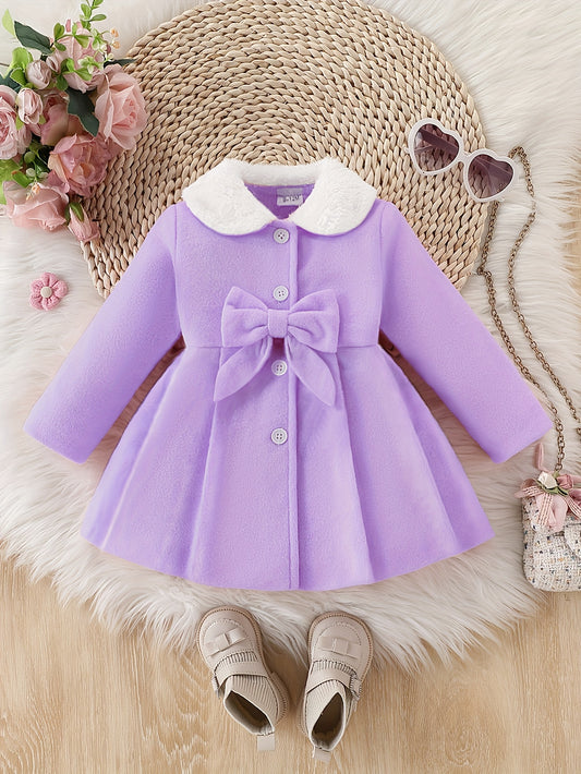 Baby Girl Fleece-Lined Winter Coat - Faux Fur Collar & Bow Detail
