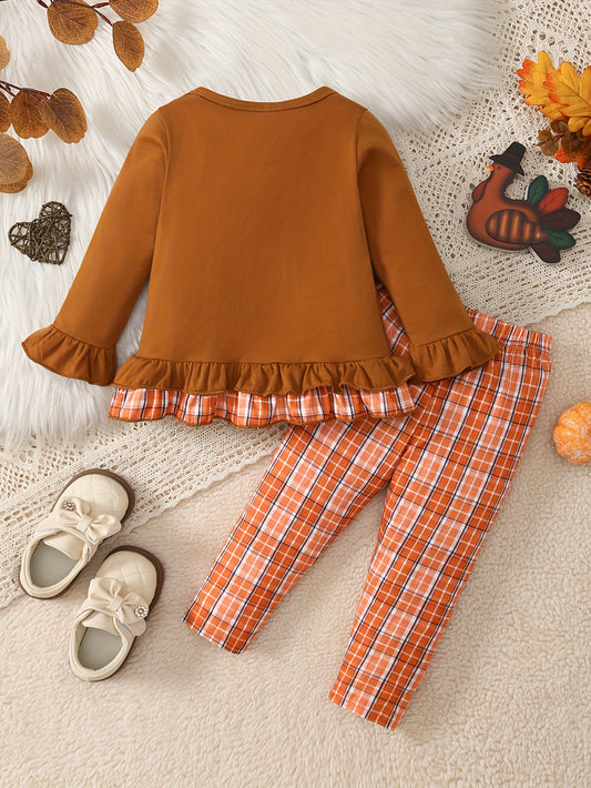 🦃 Baby Girl's 2-Piece Thanksgiving Outfit: Cute Turkey Top and Checkered Pants Set (Perfect for Holiday Wear)