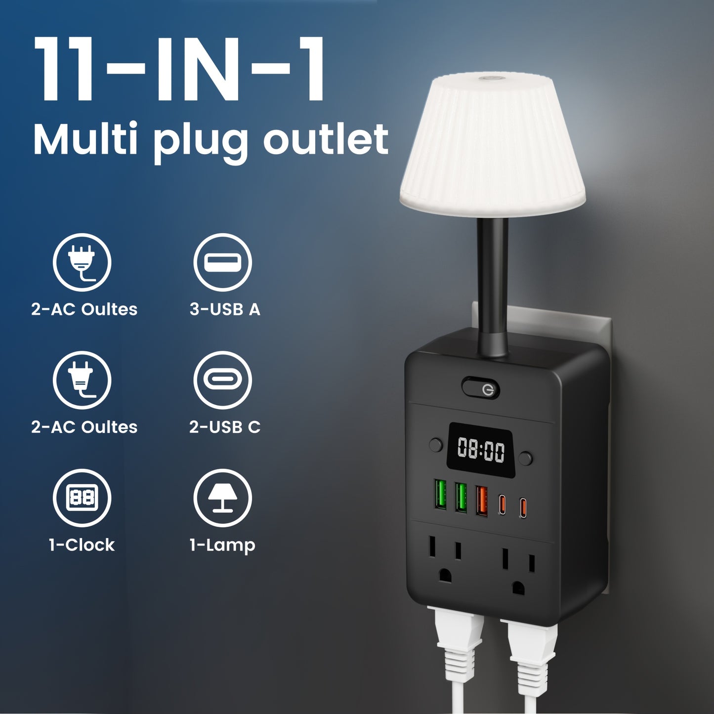 11-in-1 Power Strip with Clock, Desk Lamp & Overload Protection