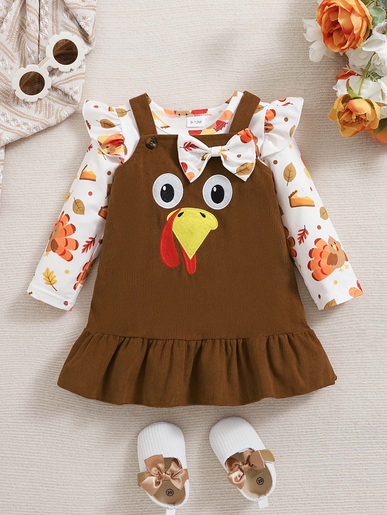 🦃 Baby Girl's 2-Piece Thanksgiving Outfit: Turkey Print Long-Sleeve Crewneck Top & Brown Bowknot Embroidered Pinafore Dress
