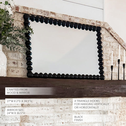 Black Beaded Carved Wood Wall Mirror