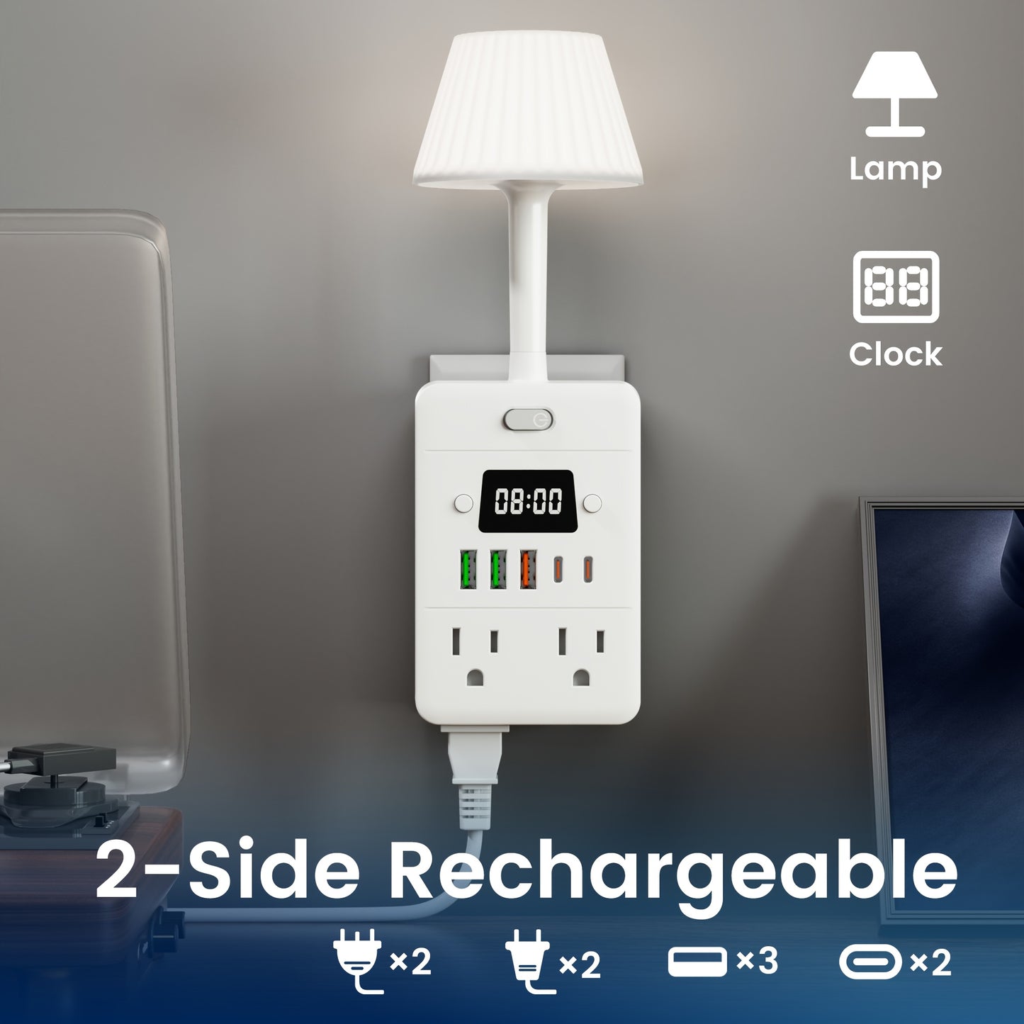 11-in-1 Power Strip with Clock, Desk Lamp & Overload Protection