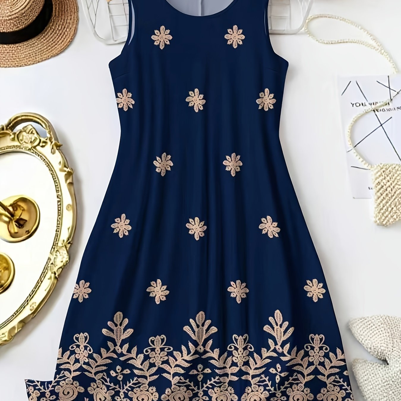 Spring/Summer New Fashion Printed Round Neck Sleeveless Beautiful Dress for Women