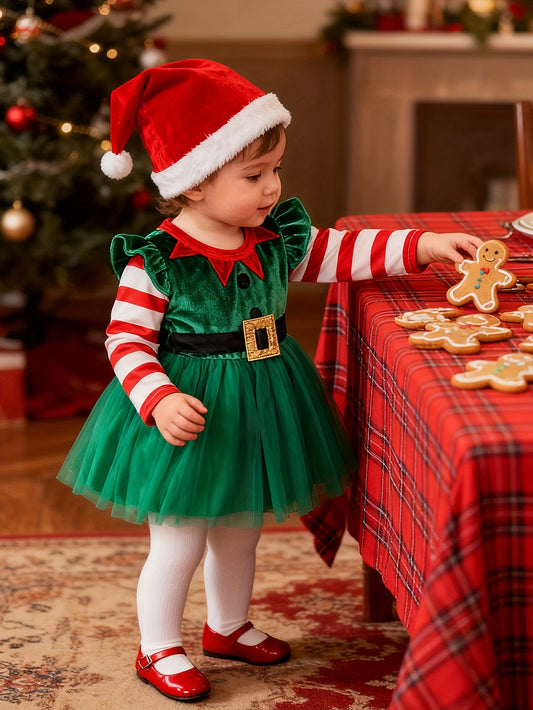 Baby Girl Green Tulle Dress with Stripes & Santa Hat
